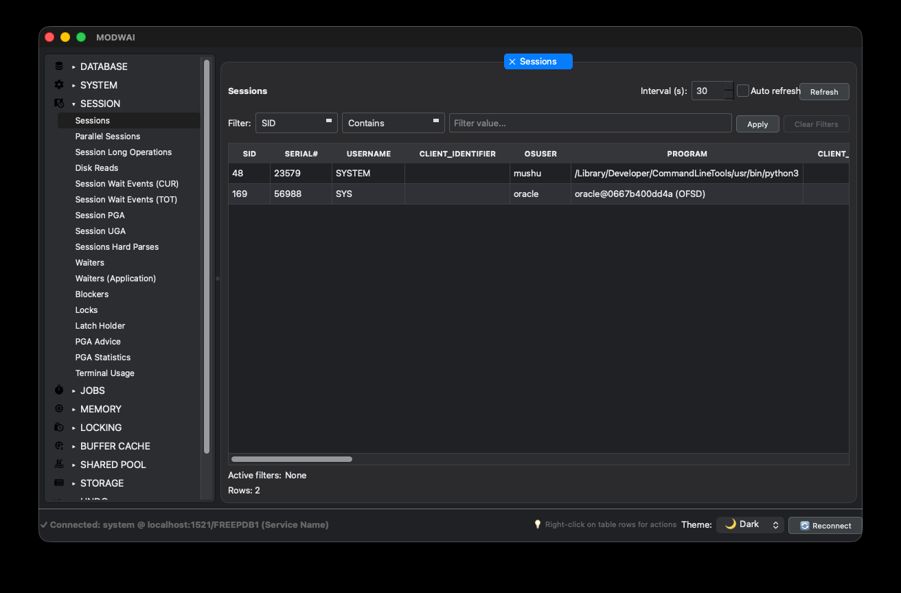 MODWAI session overview with active sessions and filters